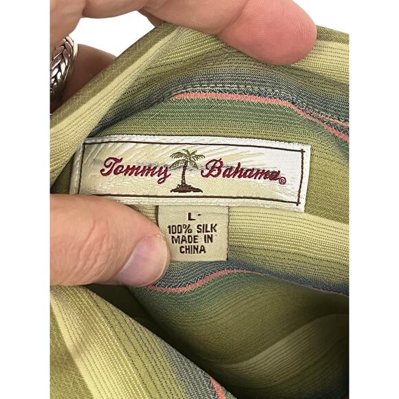 Tommy Bahama Mens Green Hawaiian Striped Button Down Shirt 100% Silk Size Large - Picture 9 of 10